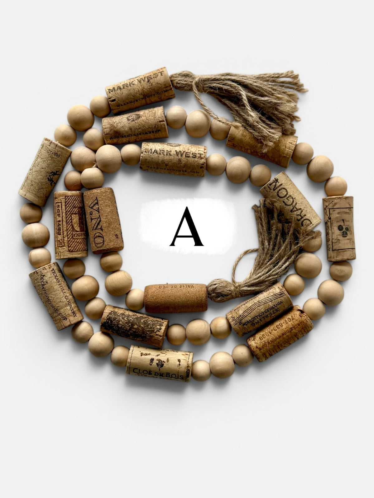Handcrafted Wine Cork Garland with Natural Wooden Beads & Tassels