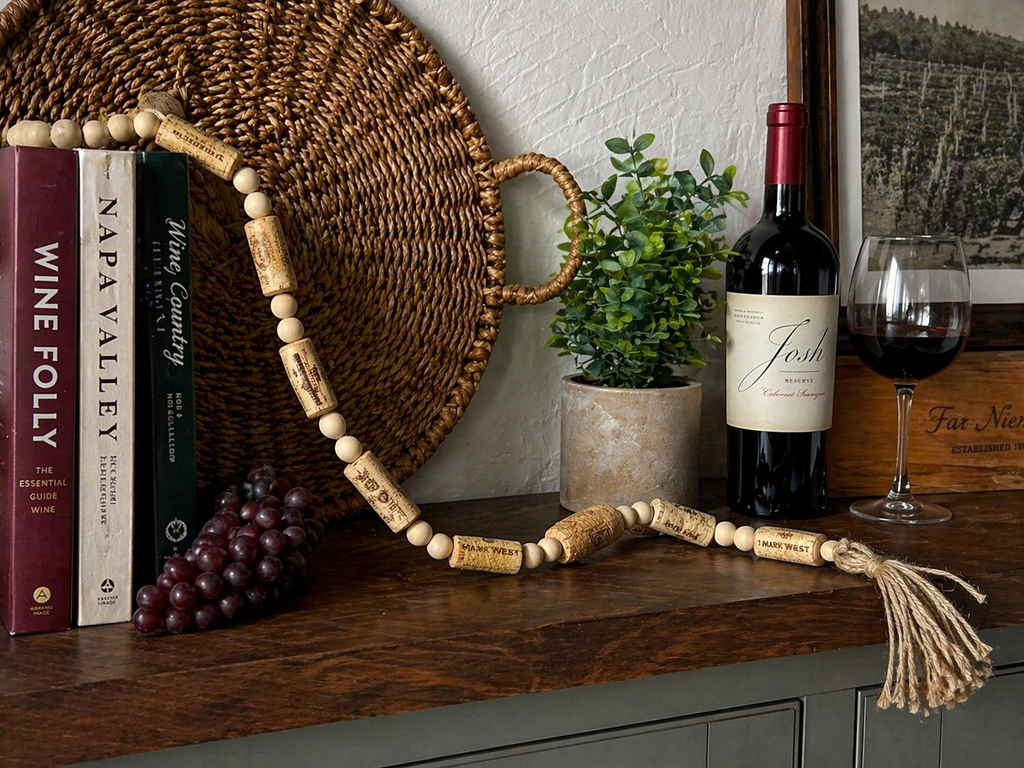 Handcrafted Wine Cork Garland with Natural Wooden Beads & Tassels