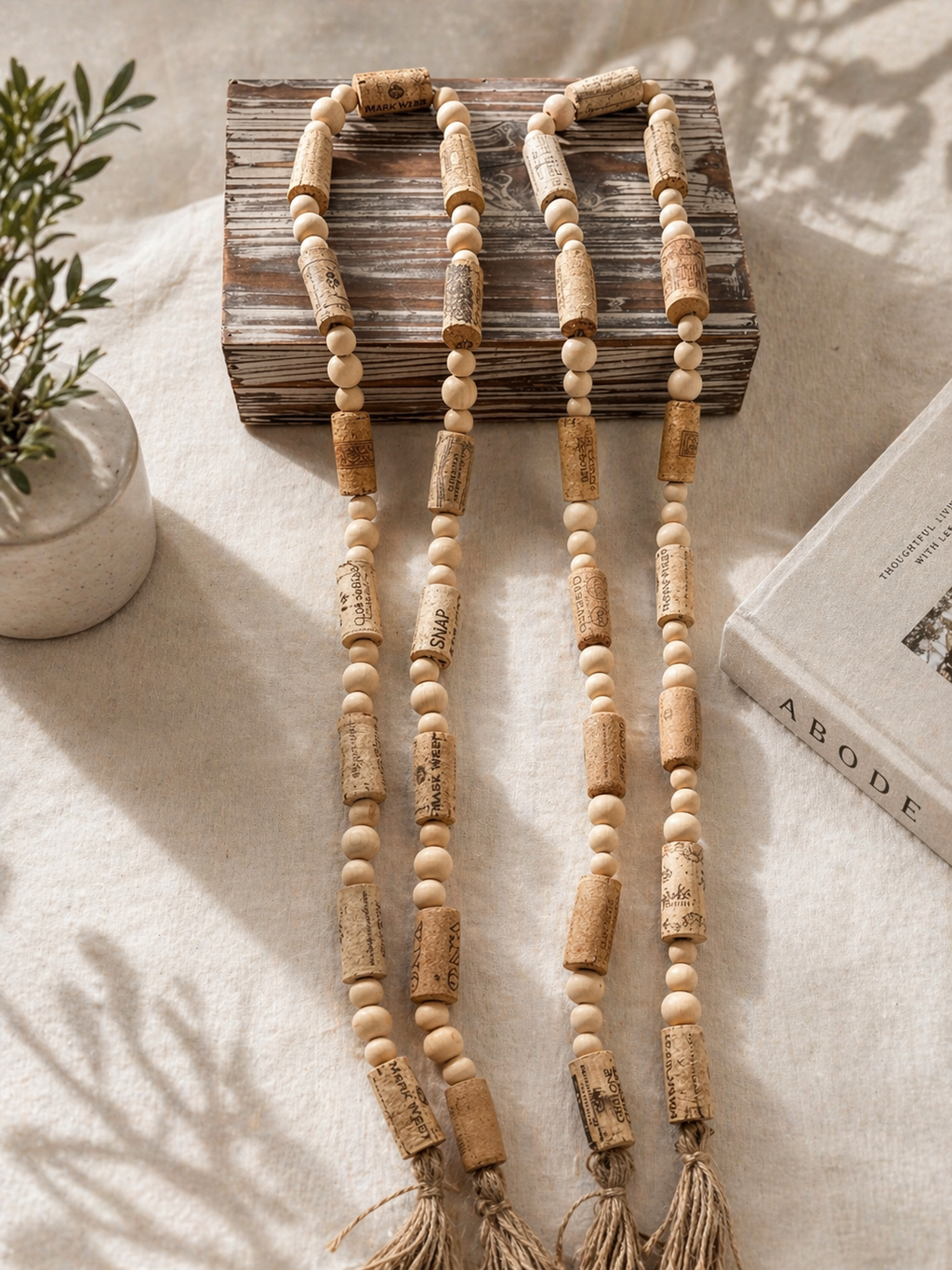 Handcrafted Wine Cork Garland with Natural Wooden Beads & Tassels