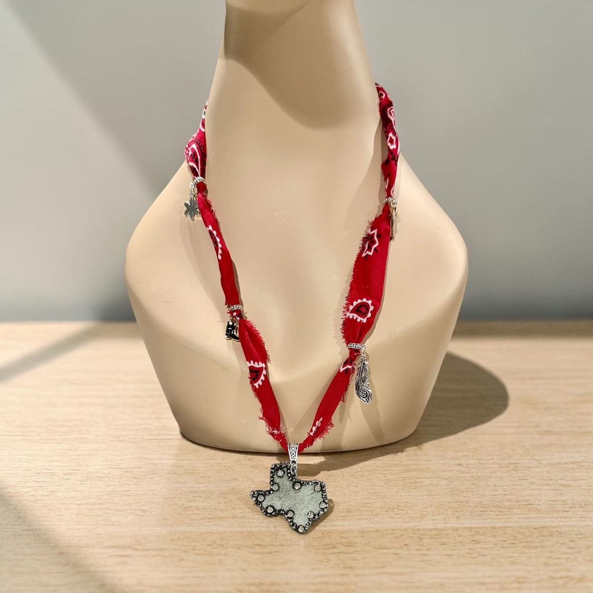 Texas Charm Bandana Necklace – Boho Western Fabric Necklace (Red or Blue) – 14” Handmade Statement Piece