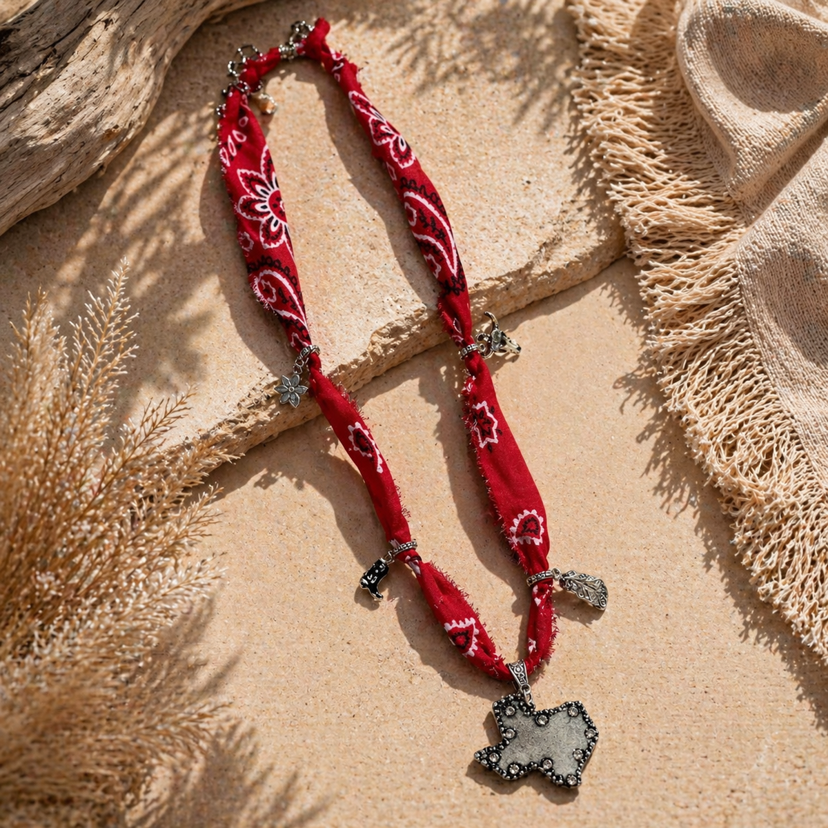 Texas Charm Bandana Necklace – Boho Western Fabric Necklace (Red or Blue) – 14” Handmade Statement Piece