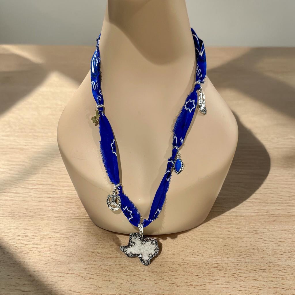 Texas Charm Bandana Necklace – Boho Western Fabric Necklace (Red or Blue) – 14” Handmade Statement Piece