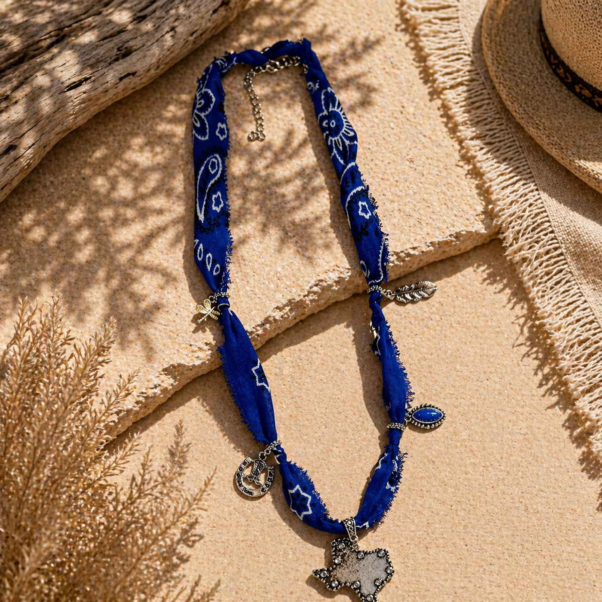 Texas Charm Bandana Necklace – Boho Western Fabric Necklace (Red or Blue) – 14” Handmade Statement Piece