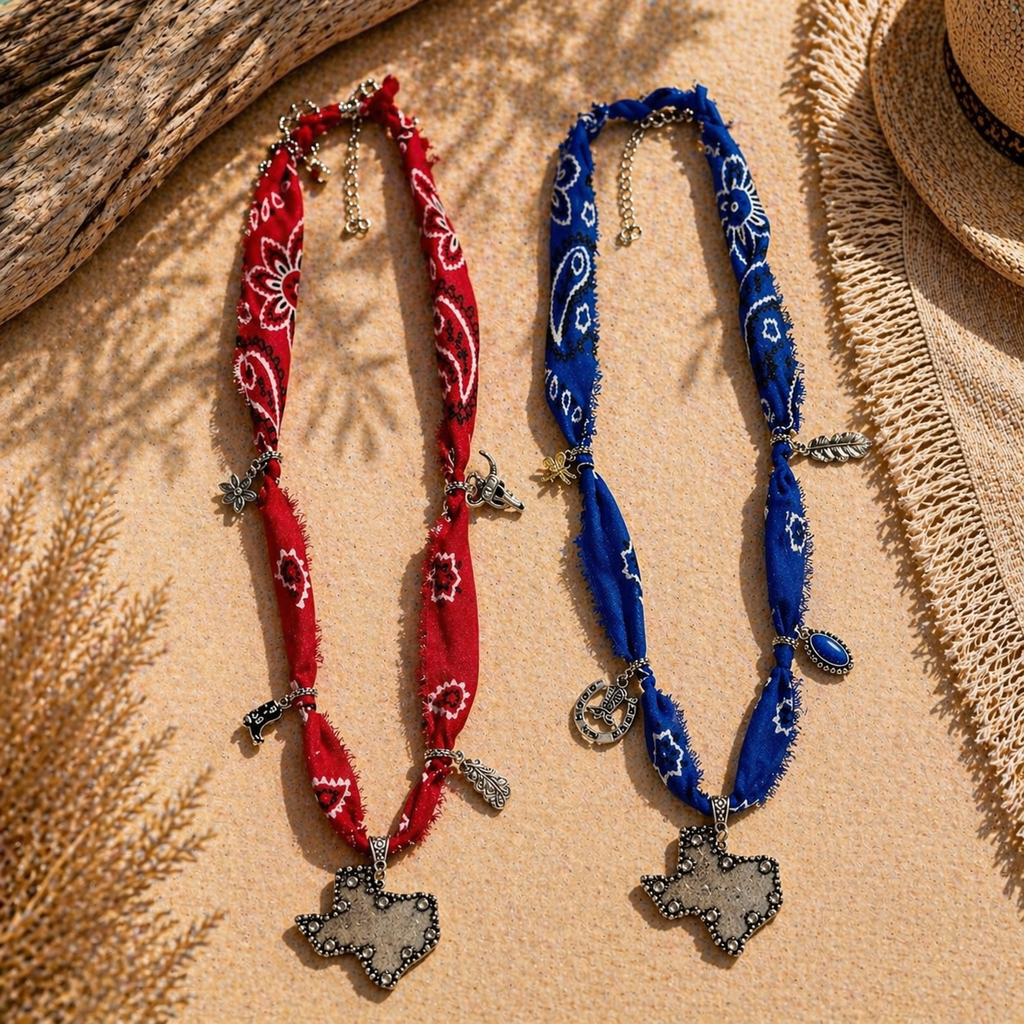 Texas Charm Bandana Necklace – Boho Western Fabric Necklace (Red or Blue) – 14” Handmade Statement Piece