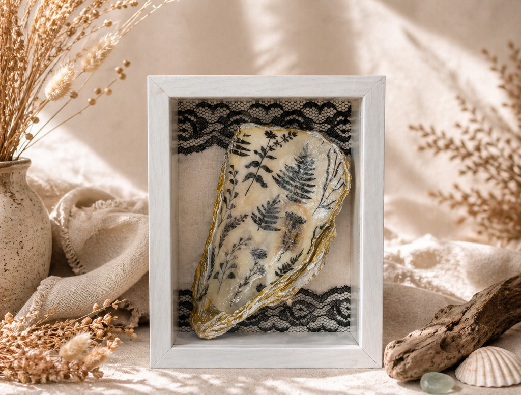 Handcrafted Oyster Shell / Seashell Shadow Box Shelf Decor / Black/White Lace / 5”x7”