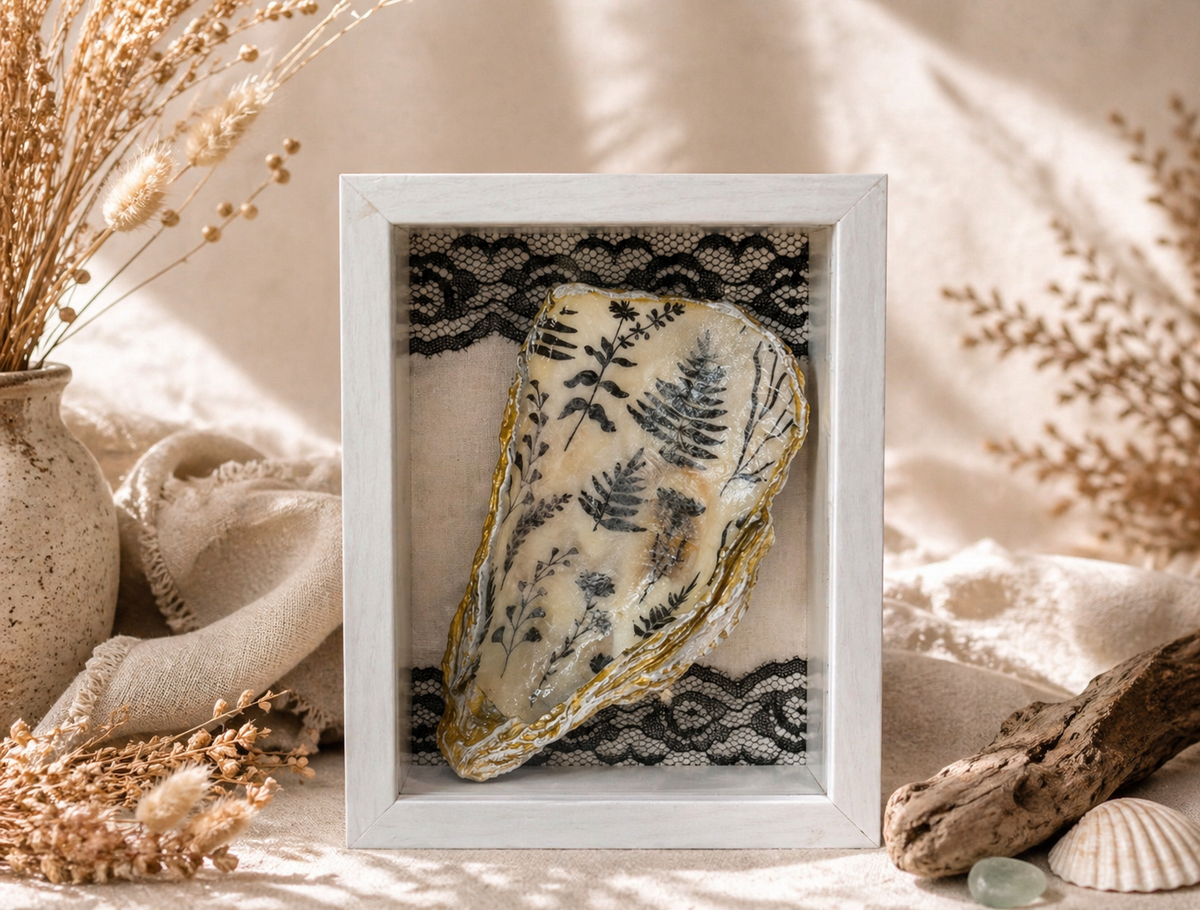 Handcrafted Oyster Shell / Seashell Shadow Box Shelf Decor / Black/White Lace / 5”x7”