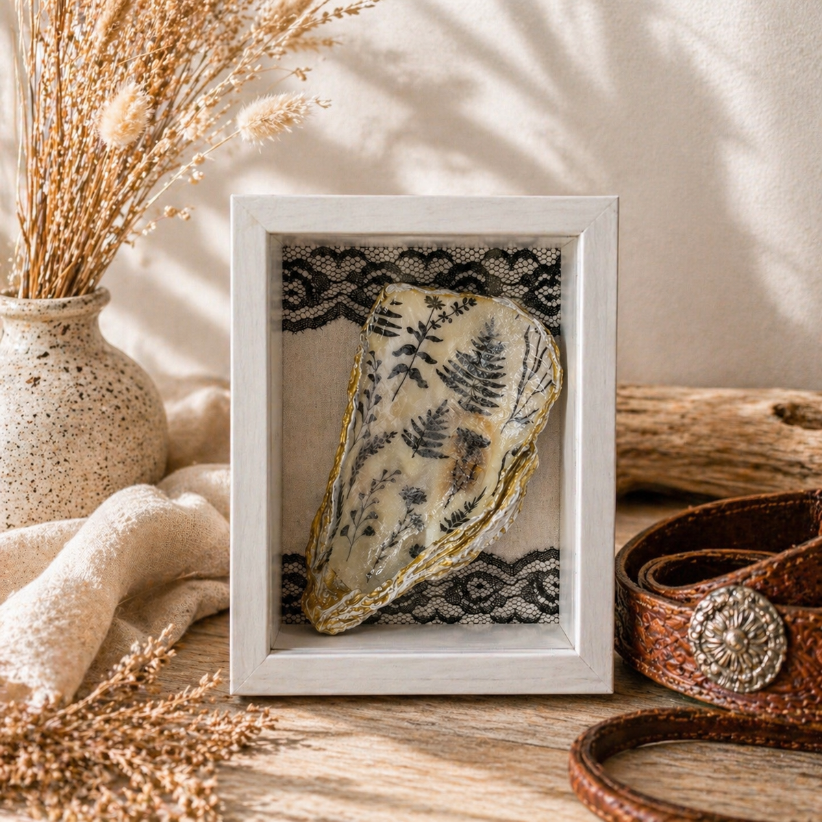Handcrafted Oyster Shell / Seashell Shadow Box Shelf Decor / Black/White Lace / 5”x7”