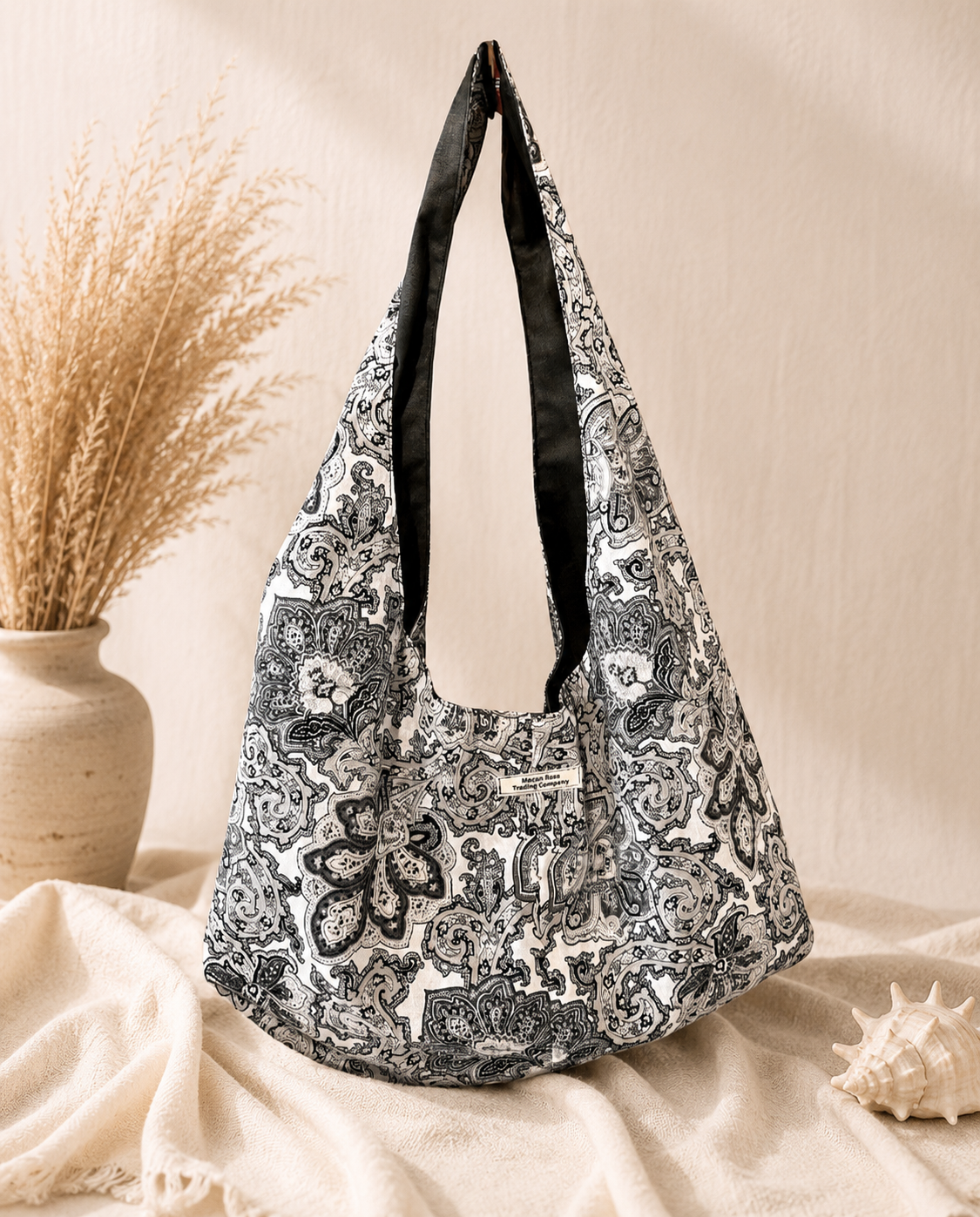 Black Paisley Slouchy Reversible Hobo Bag – Handmade Boho Shoulder Tote