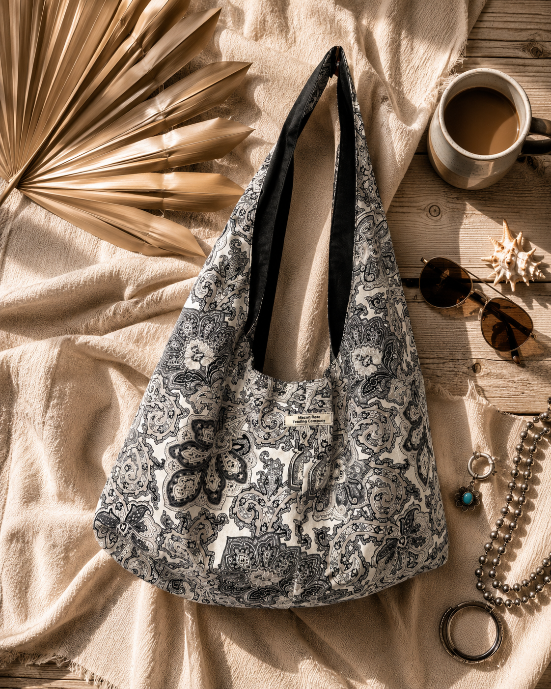 Black Paisley Slouchy Reversible Hobo Bag – Handmade Boho Shoulder Tote