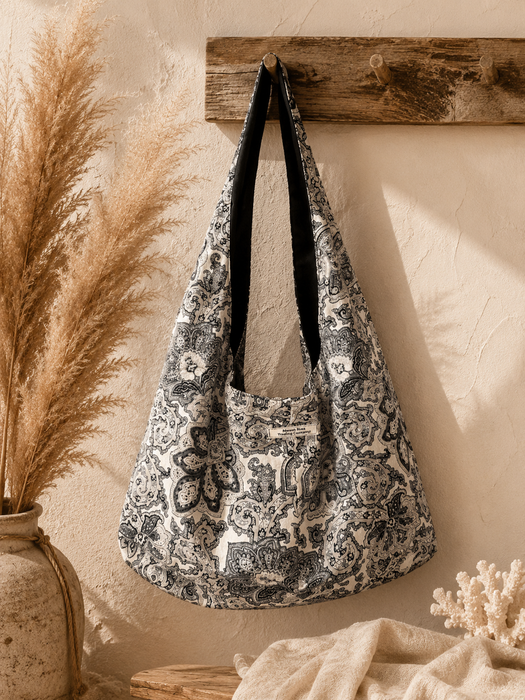 Black Paisley Slouchy Reversible Hobo Bag – Handmade Boho Shoulder Tote