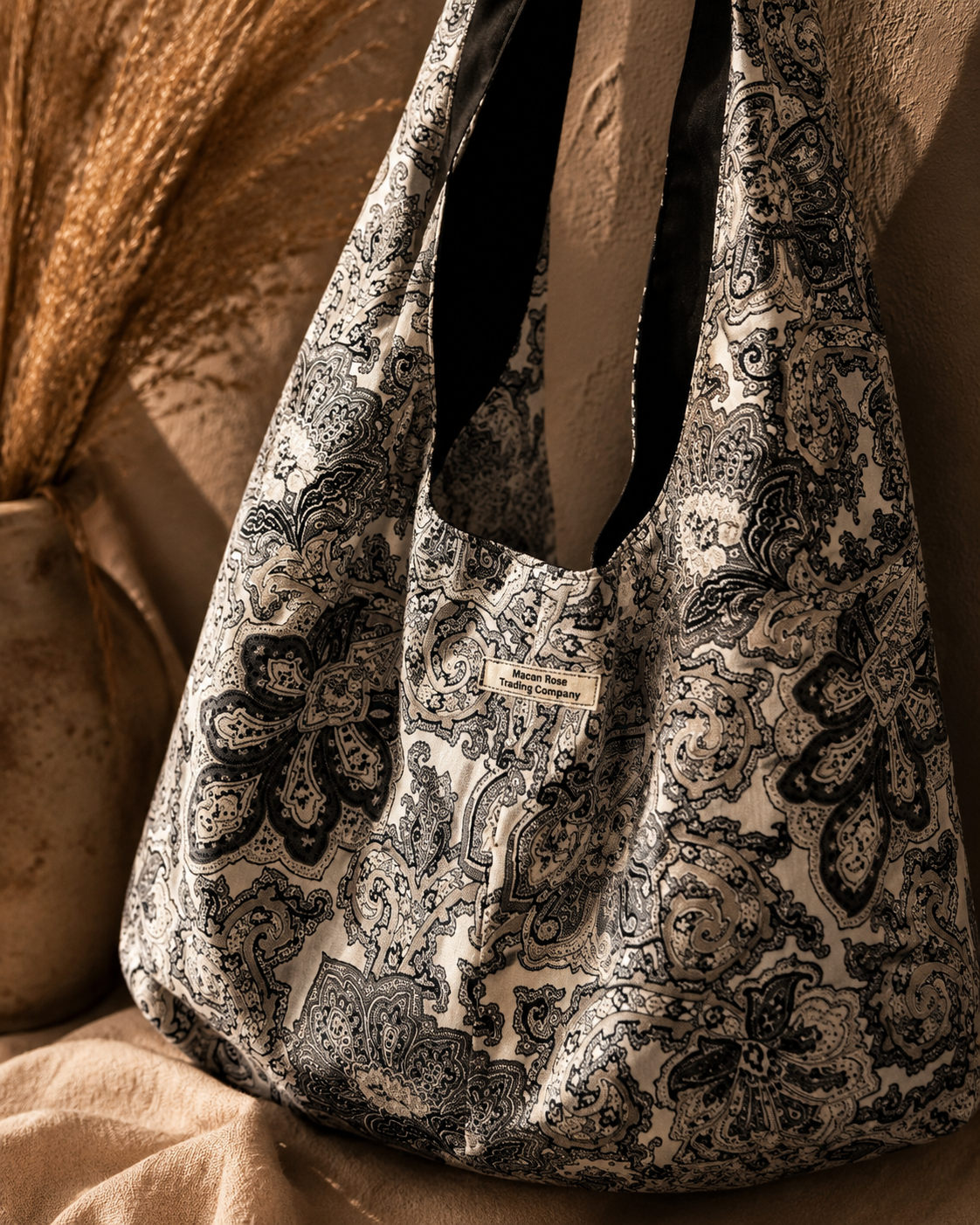 Black Paisley Slouchy Reversible Hobo Bag – Handmade Boho Shoulder Tote