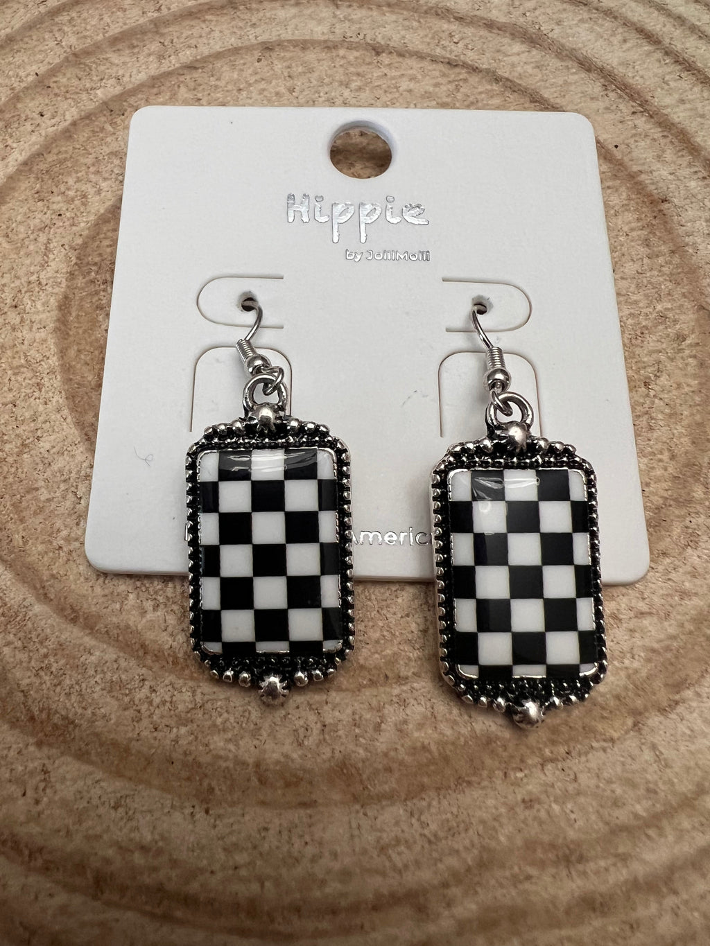 Black & White Checkered Rectangle Earrings — 1½" Drop