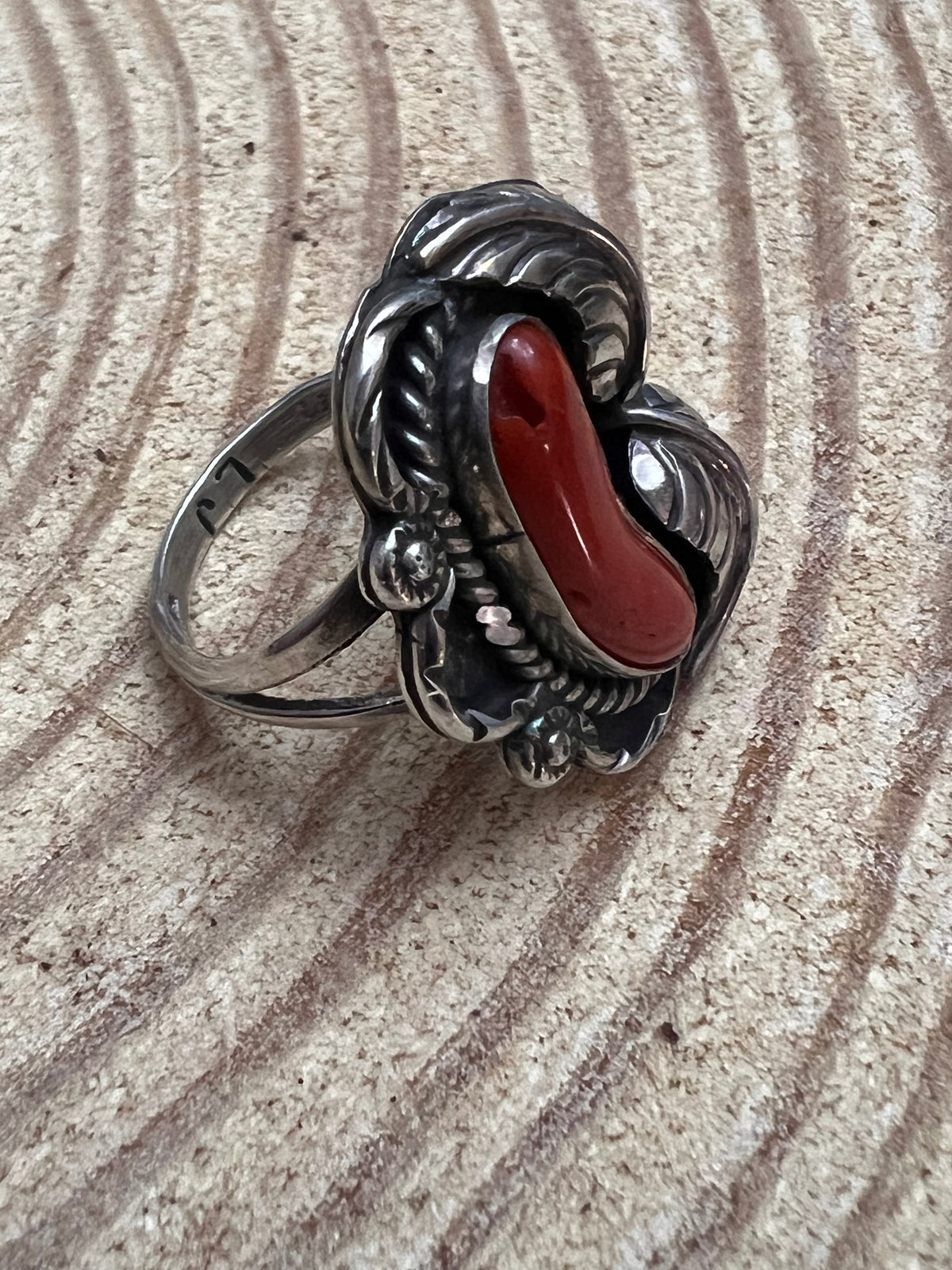 Hallmark LJ Sterling Silver Coral & Leaf Ring — Size 6 (Vintage Native American)
