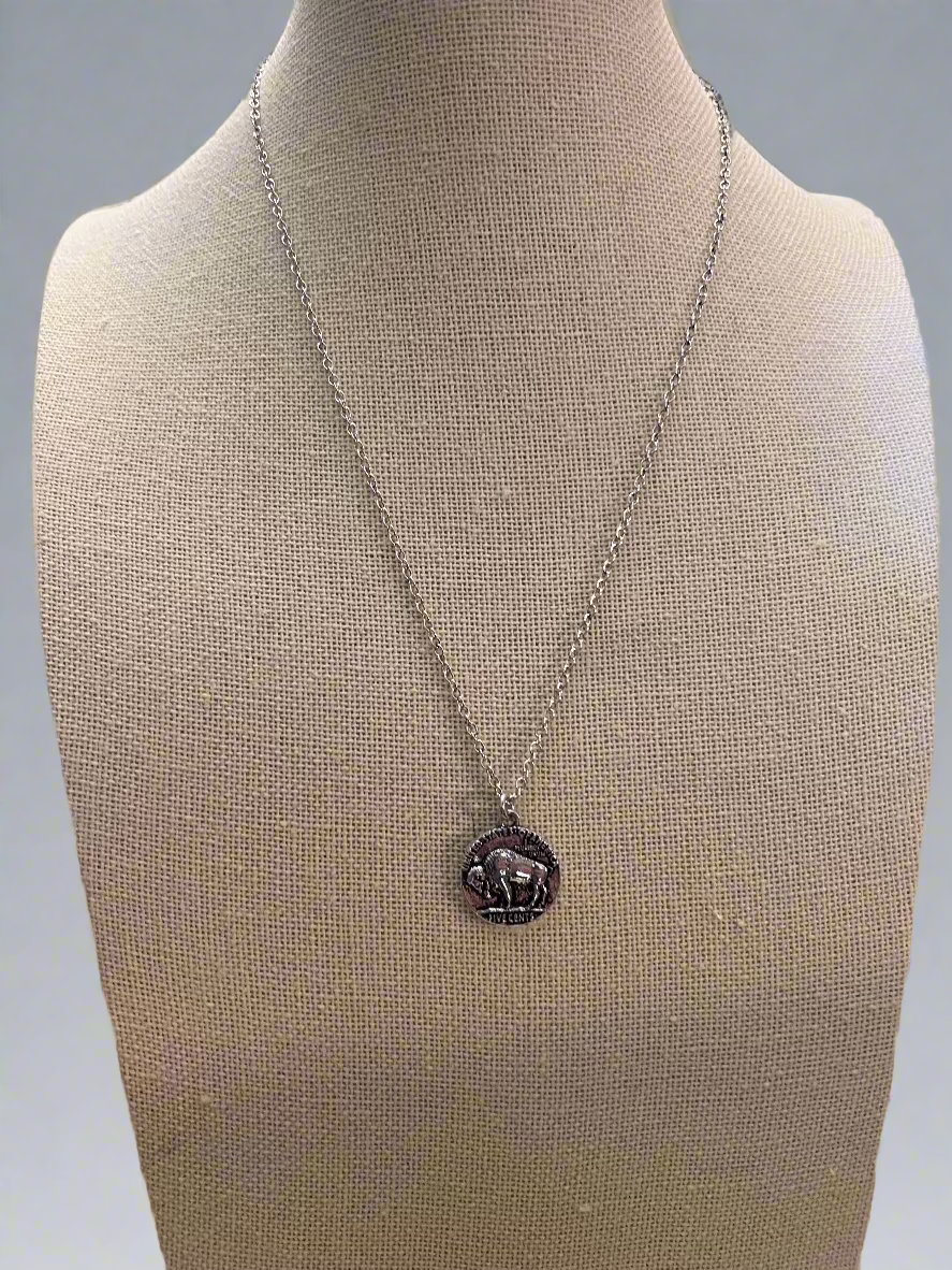 Petite Buffalo Coin Necklace & Earring Set — Burnished Silver Western Duo (18 Inch)