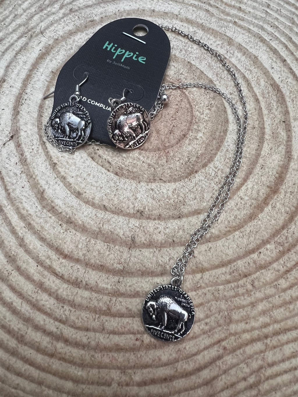 Petite Buffalo Coin Necklace & Earring Set — Burnished Silver Western Duo (18 Inch)
