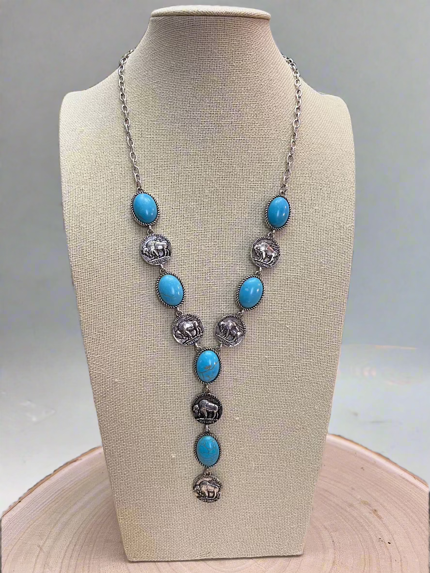 Western Buffalo Coin Faux Lariat Necklace & Earring Set