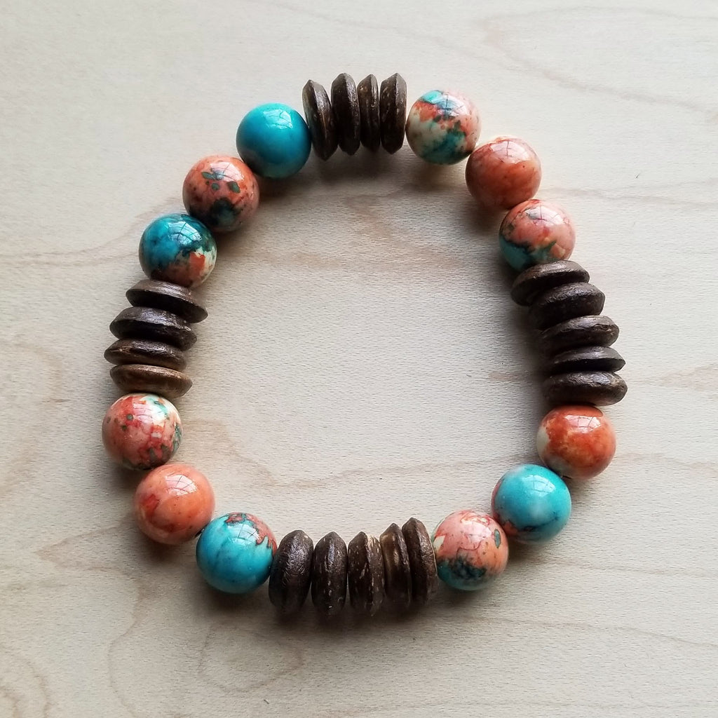 Multi-Colored Turquoise & Wood Stretch Bracelet (802Q)