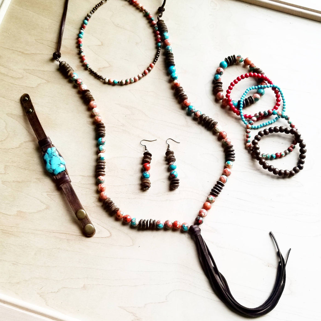Multi-Colored Turquoise & Wood Earrings (223D)
