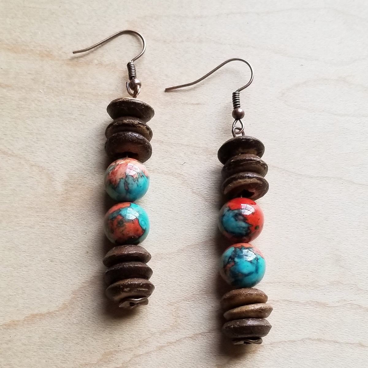 Multi-Colored Turquoise & Wood Earrings (223D)
