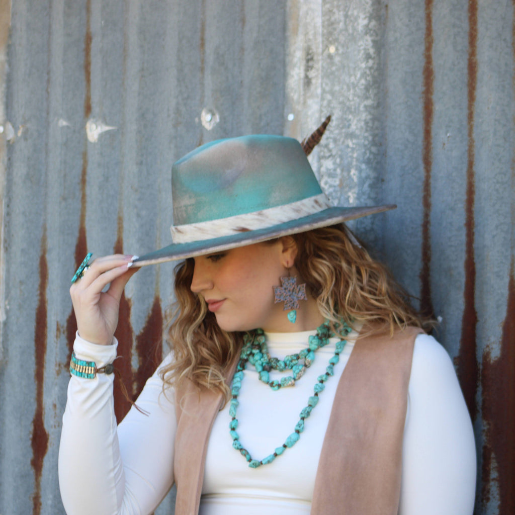 Copper Cross Earrings w/ Blue Turquoise Chunks 220o