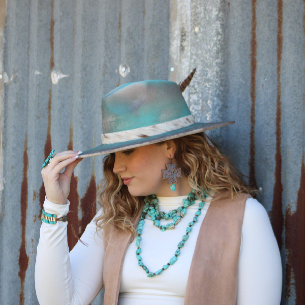Copper Cross Earrings w/ Blue Turquoise Chunks 220o