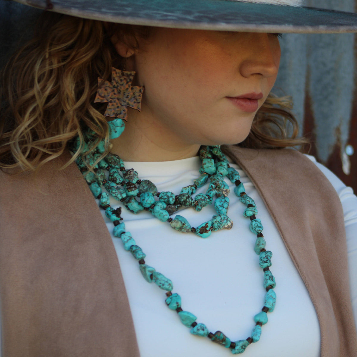 Copper Cross Earrings w/ Blue Turquoise Chunks 220o