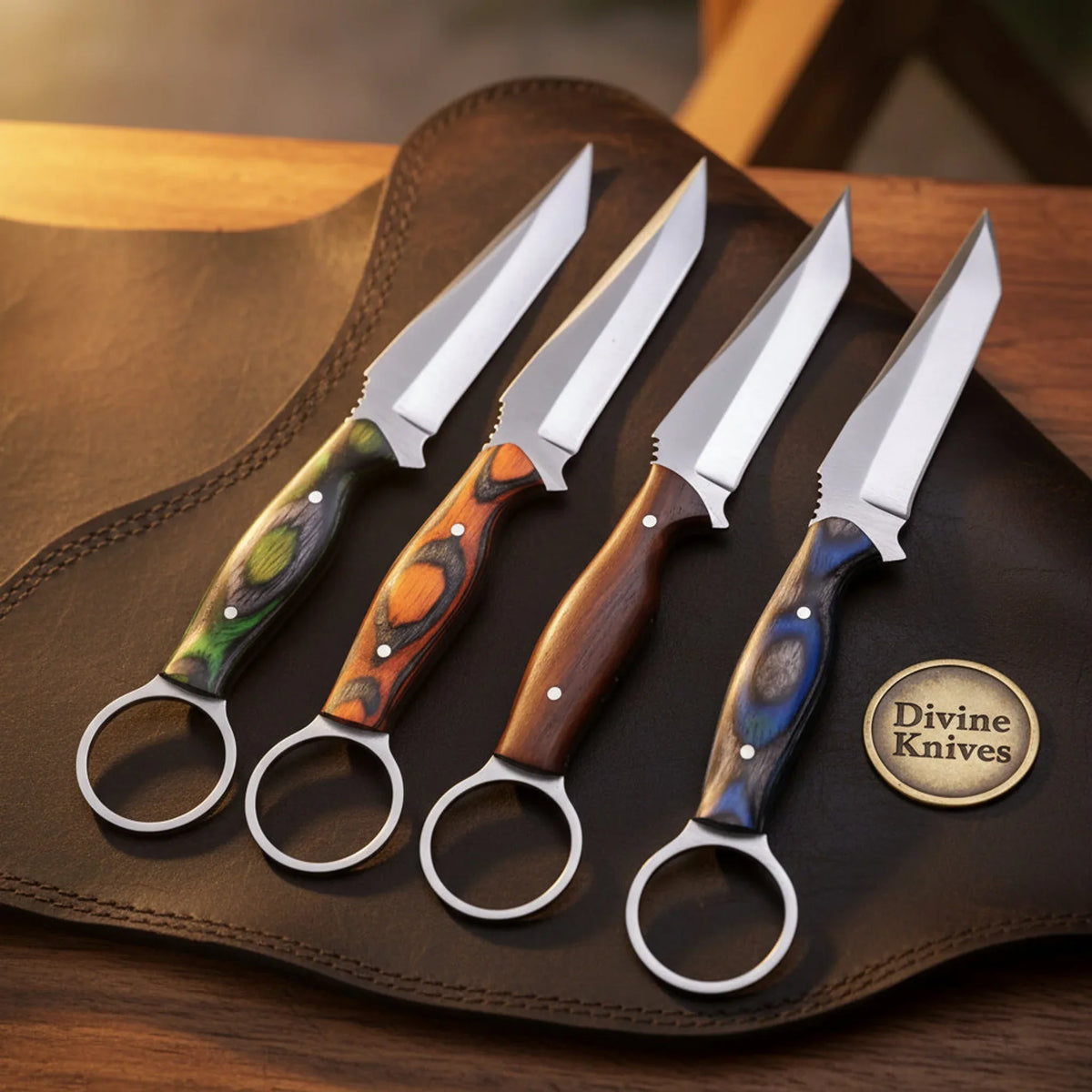 Ring Pommel Steak Knife Set with Colored Pakkawood Handles & Mirror Tanto Blades