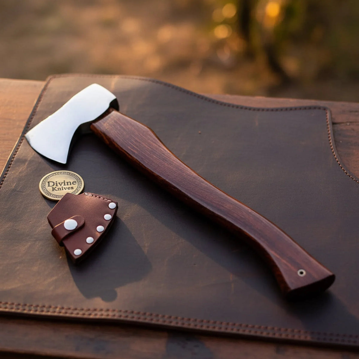 Carbon Steel Camping Hatchet with Dark Wood Handle & Leather Sheath
