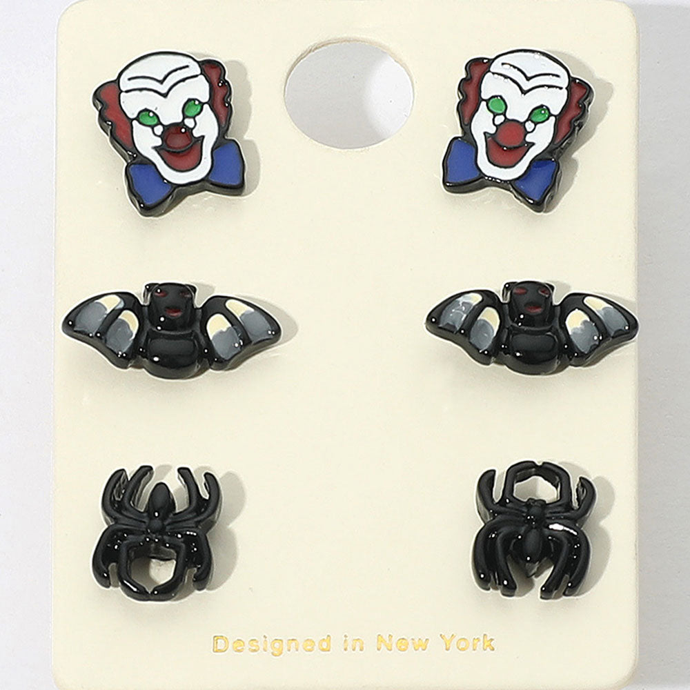 Halloween Clown Bat Spider Stud 3 Piece Earring Set