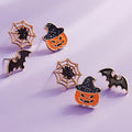 Halloween Pumpkin Spider Web Bat Enamel Stud Earring Trio Set