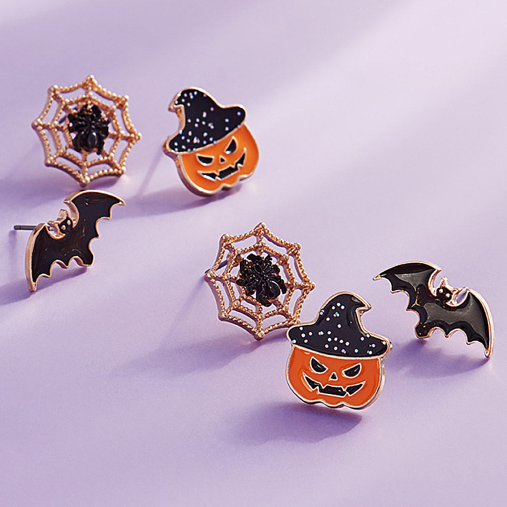 Halloween Pumpkin Spider Web Bat Enamel Stud Earring Trio Set