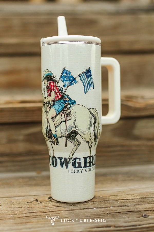 American Cowgirl Riding Horse 40oz Tumbler (Patriotic Western)