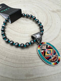 Western Aztec Pendant Stretch Bracelet — Seed Bead, Faux Pearl & Turquoise Accents