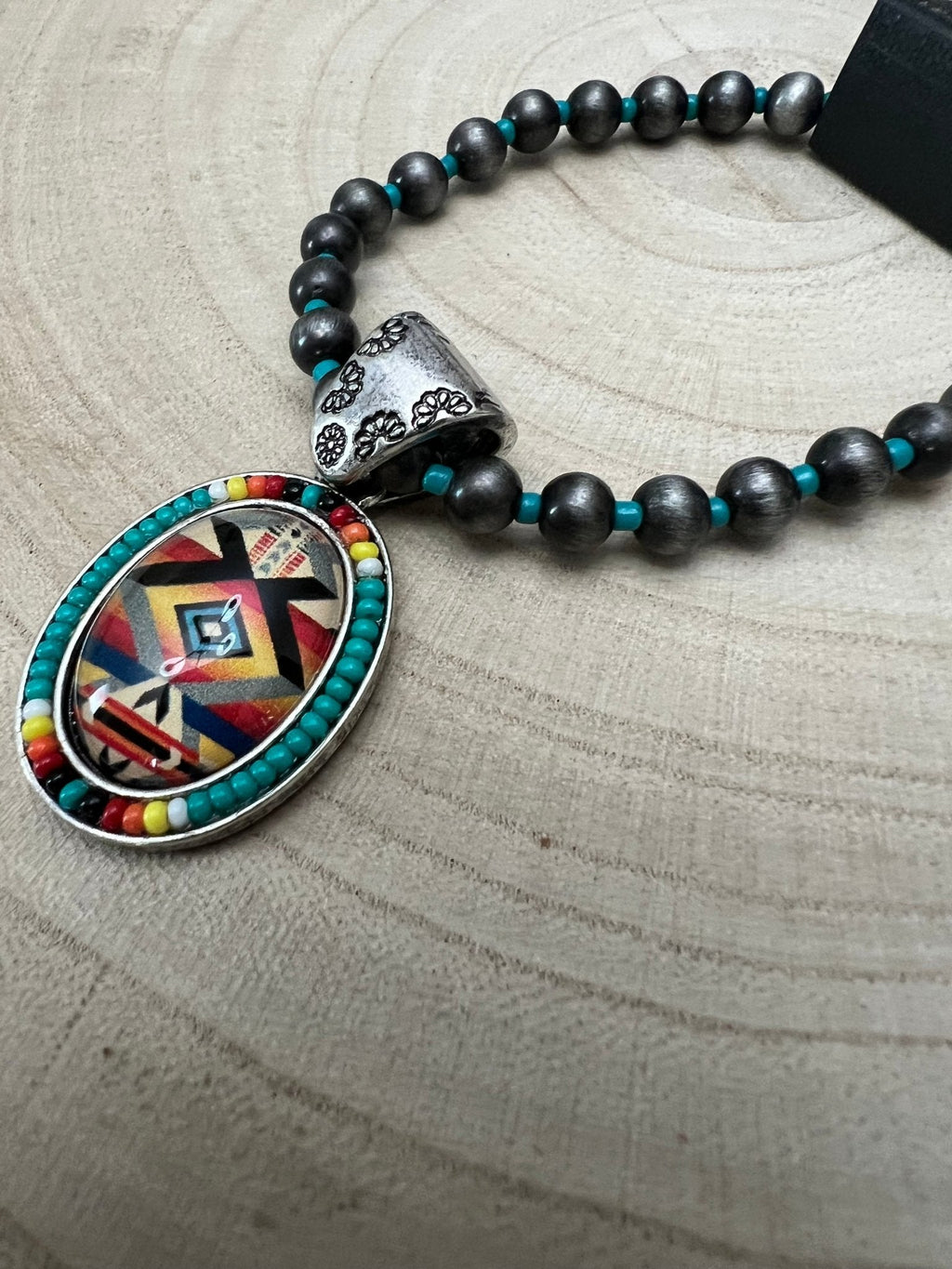 Western Aztec Pendant Stretch Bracelet — Seed Bead, Faux Pearl & Turquoise Accents