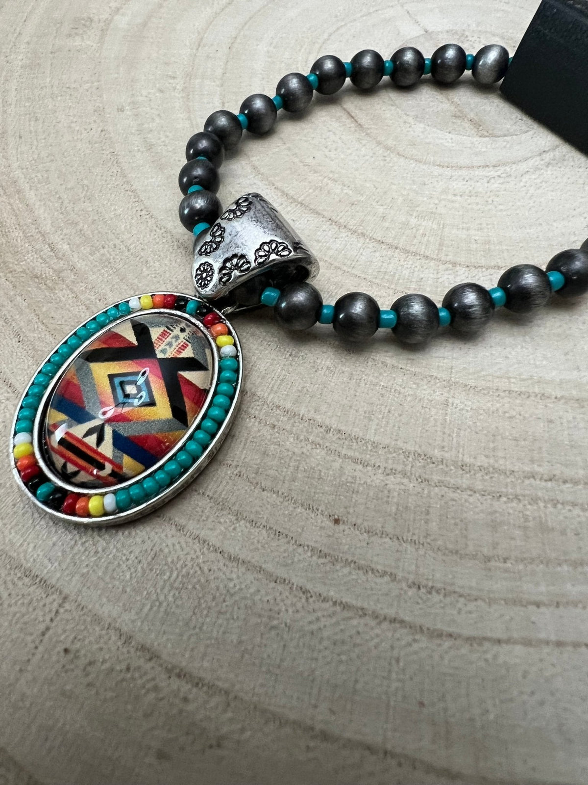 Western Aztec Pendant Stretch Bracelet — Seed Bead, Faux Pearl & Turquoise Accents