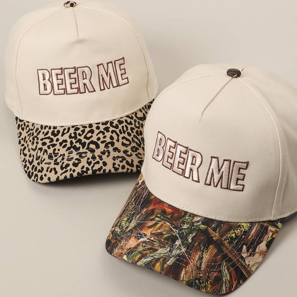 Beer Me Embroidered Trucker Hat — Leopard or Camo with Adjustable Strap & Breathable Mesh