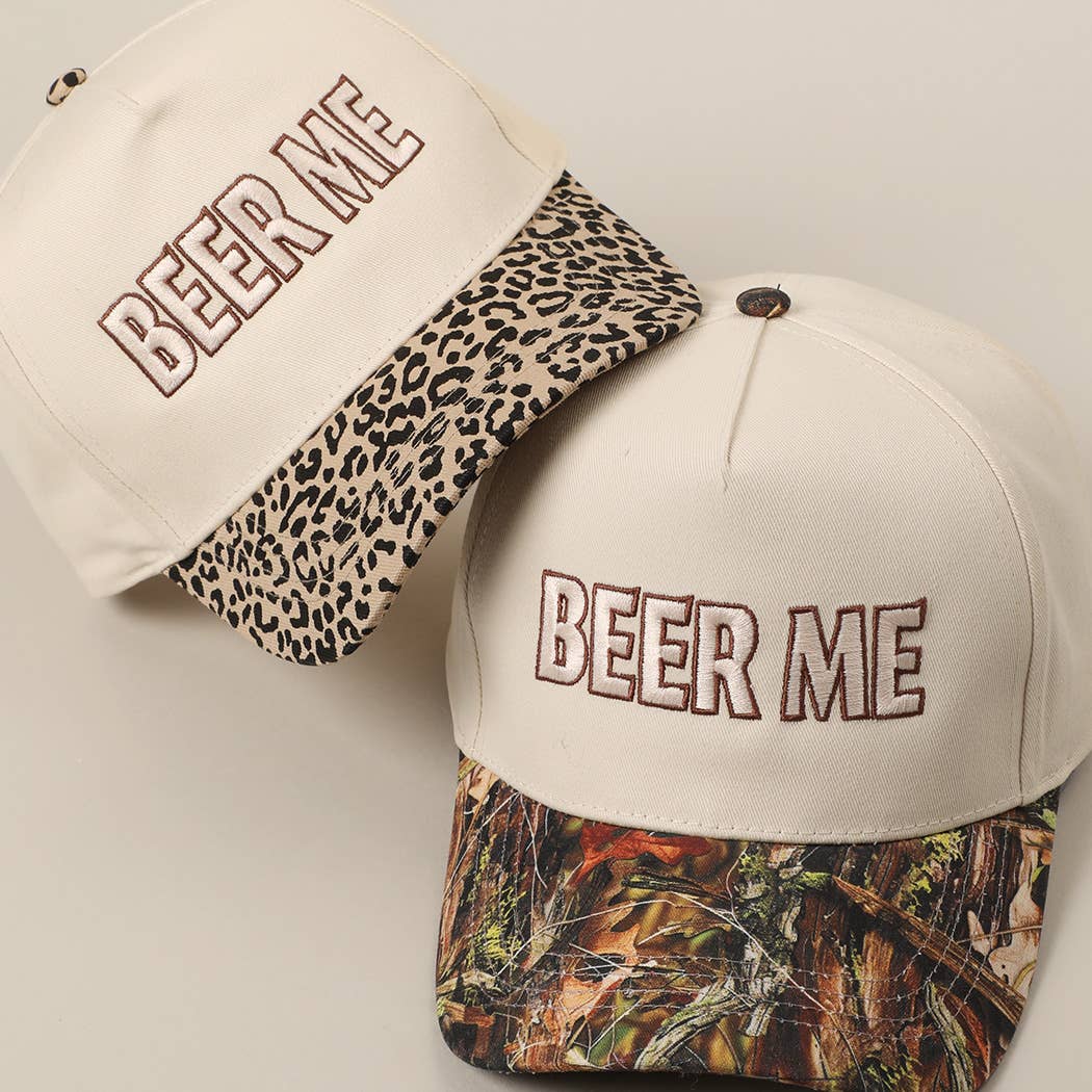 Beer Me Embroidered Trucker Hat — Leopard or Camo with Adjustable Strap & Breathable Mesh