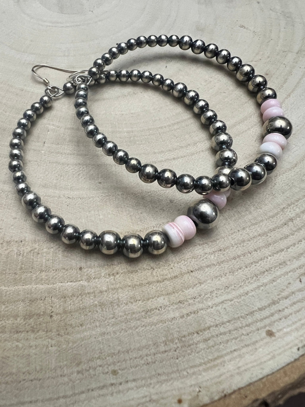 Big Sterling Pearl Hoops with Pink Conch — 2" × 1/2" Graduated 4-5-6-8mm (Handmade in Texas)
