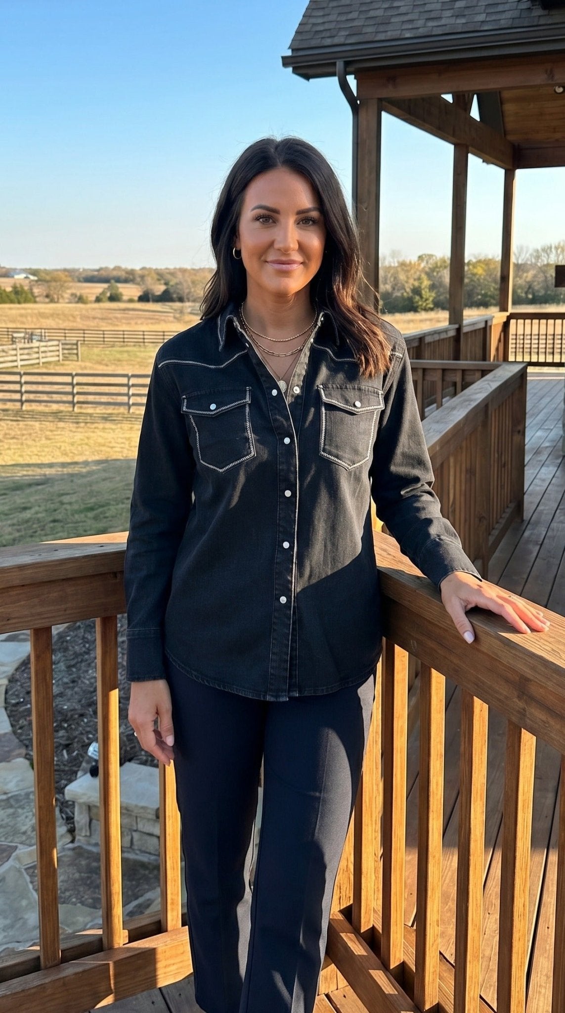 Black Contrast Stitching Pearl Snap Denim Western Shirt — Lucky & Blessed Modern Cowgirl Structured Fit