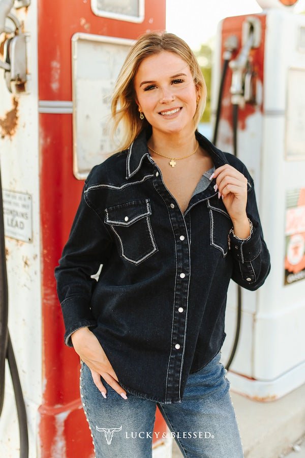 Black Contrast Stitching Pearl Snap Denim Western Shirt — Lucky & Blessed Modern Cowgirl Structured Fit