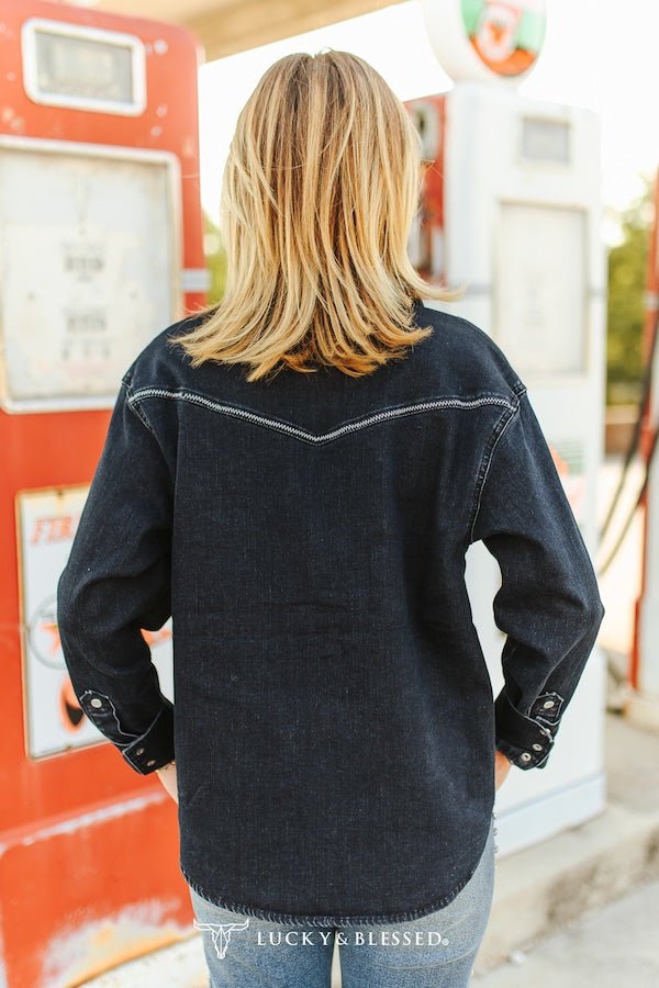 Black Contrast Stitching Pearl Snap Denim Western Shirt — Lucky & Blessed Modern Cowgirl Structured Fit