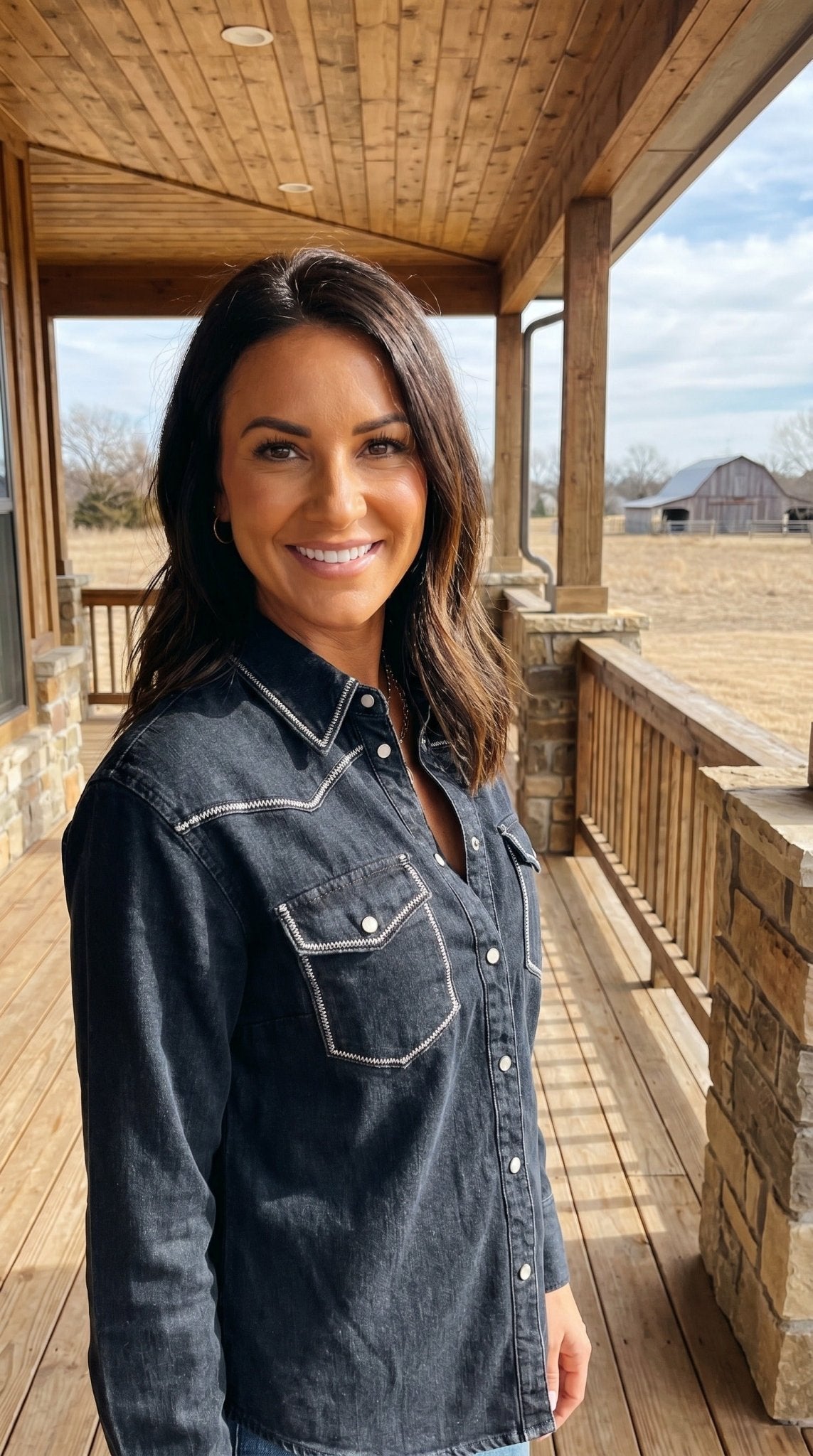 Black Contrast Stitching Pearl Snap Denim Western Shirt — Lucky & Blessed Modern Cowgirl Structured Fit