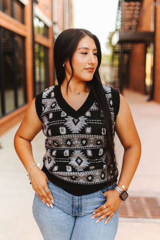 Lucky & Blessed Black Aztec Knit V-Neck Sleeveless Western Sweater Top — Monochromatic Southwestern Geometric (Medium remaining)