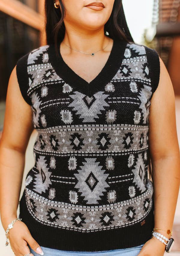 Lucky & Blessed Black Aztec Knit V-Neck Sleeveless Western Sweater Top — Monochromatic Southwestern Geometric (Medium remaining)
