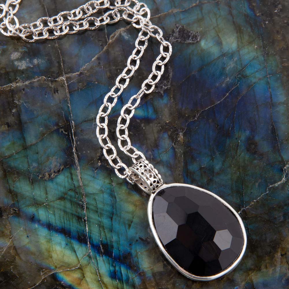 Black Onyx & Sterling Silver Teardrop Pendant Necklace