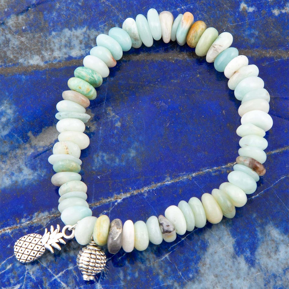 Blue Mint Amazonite & Silver Charm Stretch Bracelet