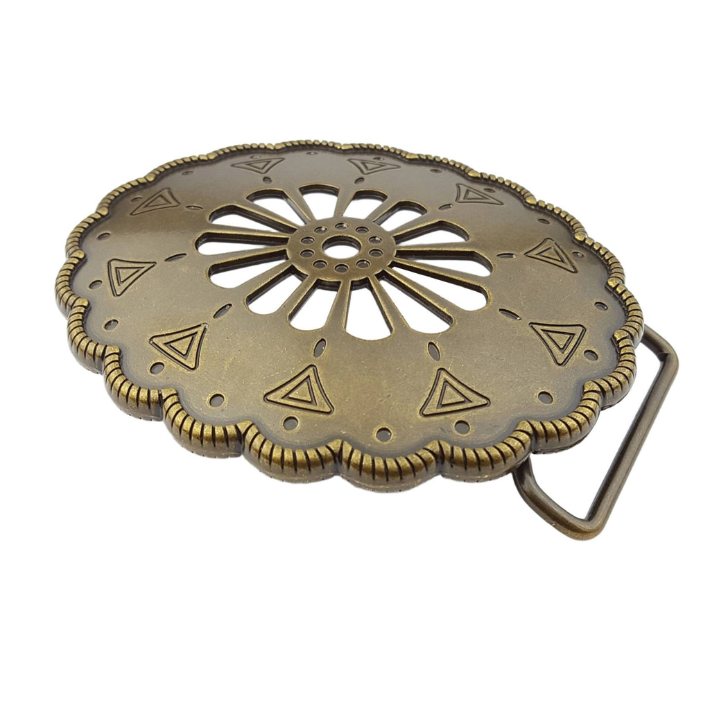 Navajo-Inspired Vintage Brass Open Work Western Belt Buckle — Matte Brass with Floral Cut-Out