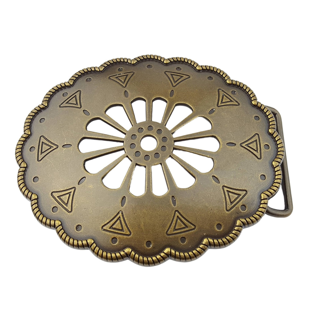 Navajo-Inspired Vintage Brass Open Work Western Belt Buckle — Matte Brass with Floral Cut-Out