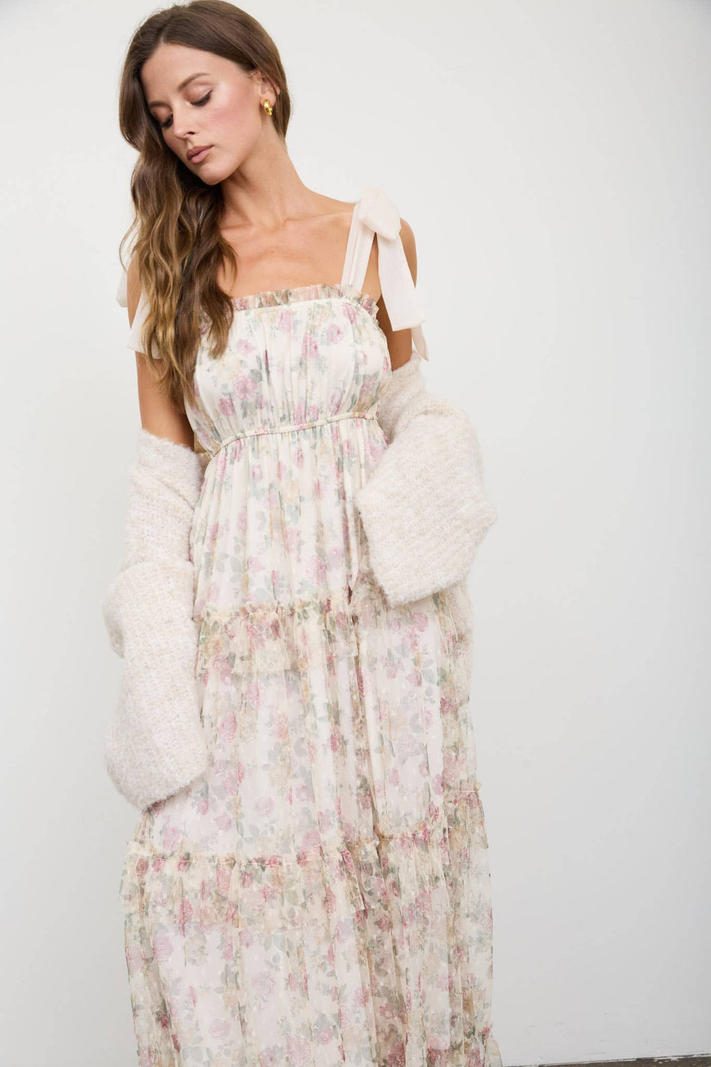 Floral Chiffon Tie Strap Ruffled Tiered Midi Dress - Oatmeal
