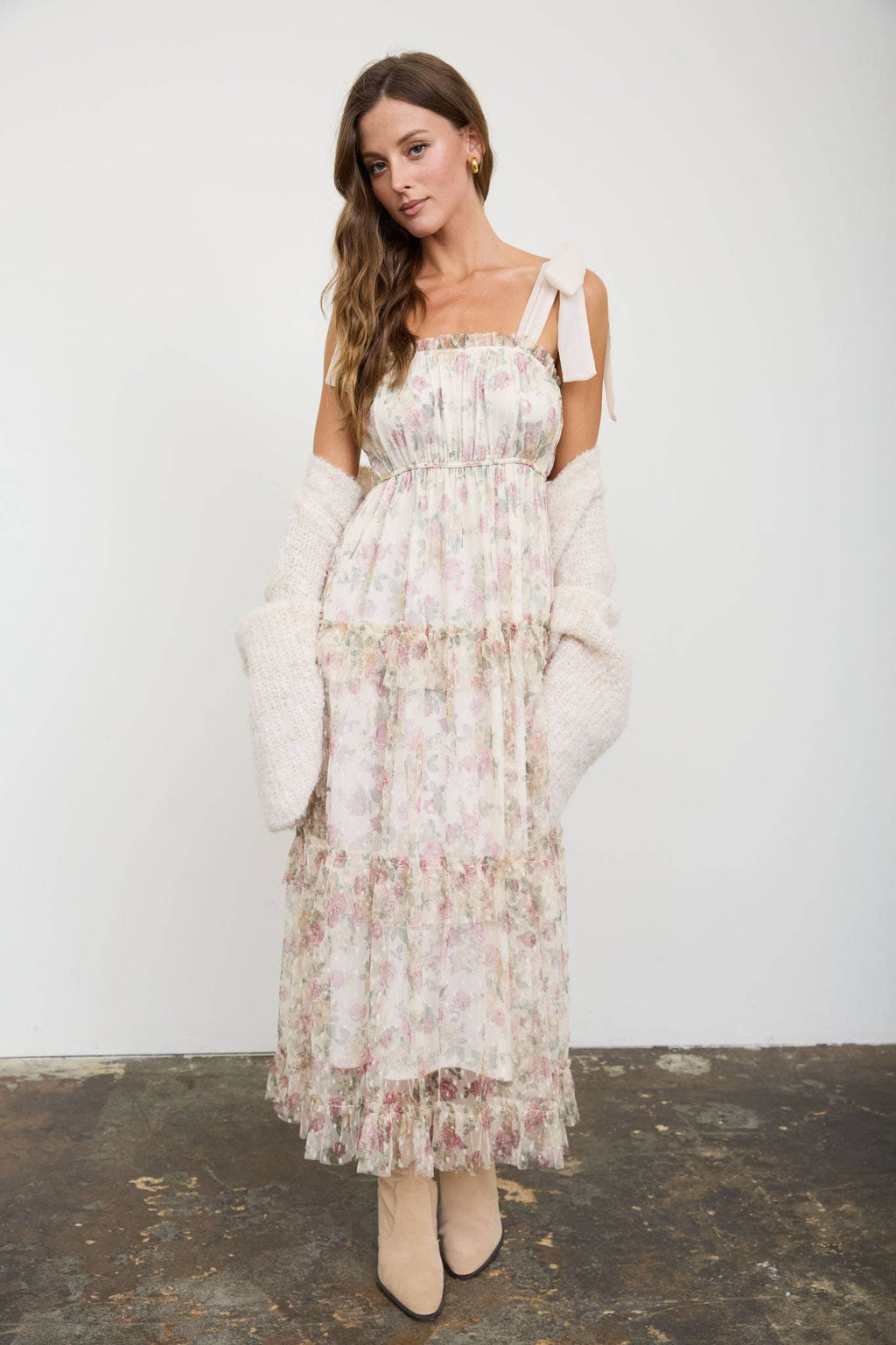 Floral Chiffon Tie Strap Ruffled Tiered Midi Dress - Oatmeal